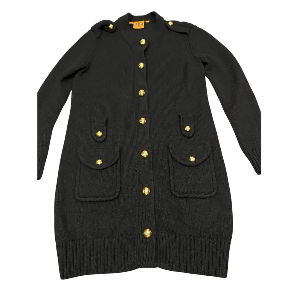 Tory Burch Long 100% Wool Cardigan Coat XL Black Gold Logo Buttons